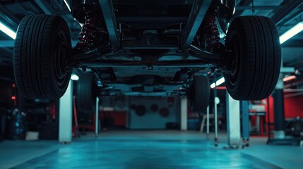 Fototapeta premium Car on Lift at Automotive Service Center Showing Underbody and Axles, Mechanic Repair Shop Concept