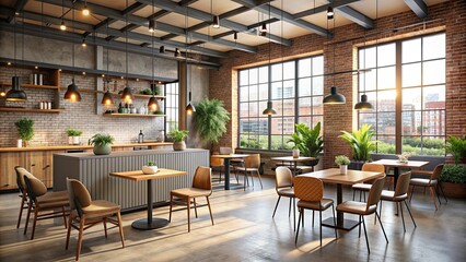 Modern cafe interior in loft style, industrial, trendy, minimalist, urban, contemporary, design, hip, spacious, bright