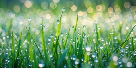 Fototapeta premium Closeup shot of grass covered in morning dew drops creating a serene and abstract background, nature, green