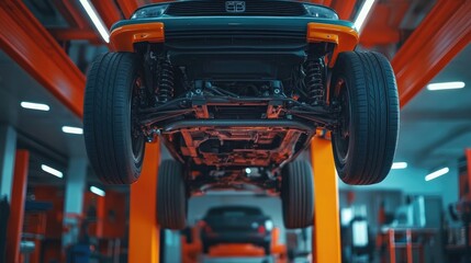 Fototapeta premium Car on Lift at Automotive Service Center Showing Underbody and Axles, Mechanic Repair Shop Concept