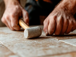 Close up image showcasing the skilled hands of a professional tiler using a hammer to carefully adjust the level and positioning of tiles capturing the intricate textures warm lighting