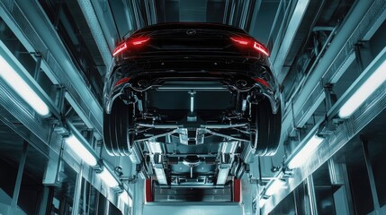 Car on Lift at Automotive Service Center Showing Underbody and Axles, Mechanic Repair Shop Concept