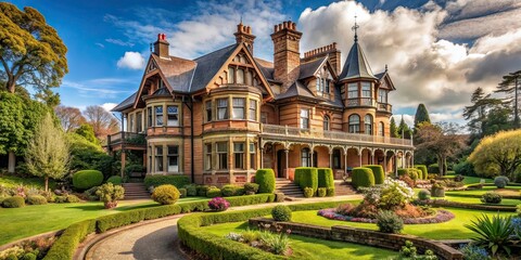 Fototapeta premium Victorian mansion surrounded by gardens, Victorian, mansion, gardens, grand, architecture, historical, estate, luxury