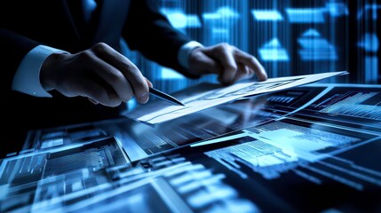 Businessman analyzing data and charts on a digital screen in a modern office.