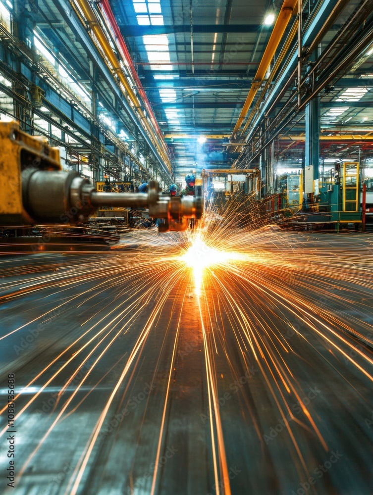 Poster workers actively welding in a large industrial workshop, creating sparks amidst machinery and equipm