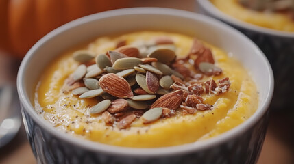 Close-up of Pumpkin Soup Topped with Toasted Almonds and Pumpkin Seeds