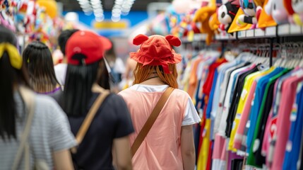 Fototapeta premium Colorful shopping aisle filled with vibrant clothing and plush toys, showing a diverse crowd of people enjoying a lively atmosphere in a modern retail space