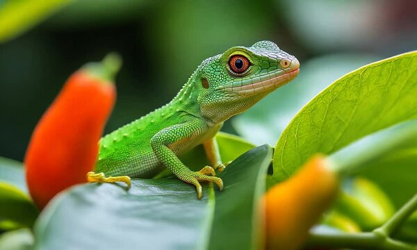 Closeup of vibrant green gecko on leaf with vivid orange pepper in natural habitat : Generative AI