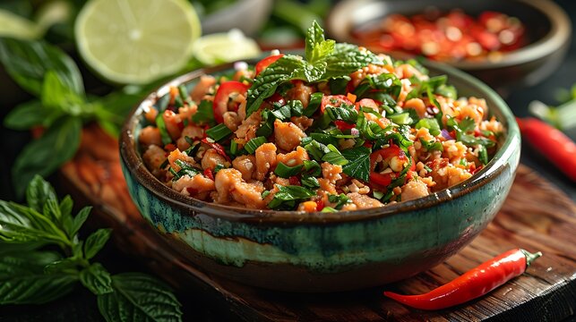 A bright and serene photo of Larb served on a wooden table, with a side of fresh vegetables and herbs 