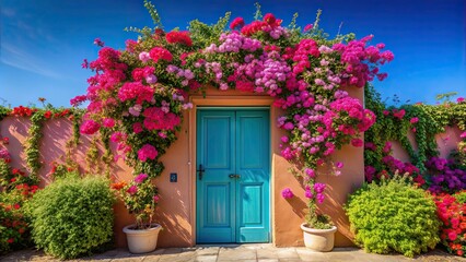 Fototapeta premium Vibrant flowers surrounding a pink door under a clear blue sky, flowers, vibrant, pink door, clear sky, colorful, nature, bloom