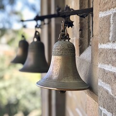 Obraz premium Three antique bronze bells mounted on a weathered metal bar against a brick wall.