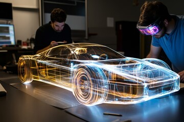 Engineers collaborate on futuristic car prototype with holographic technology in high-tech automotive lab