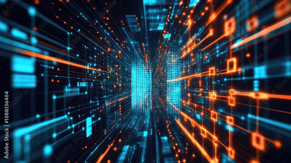 Aufkleber High-Tech Abstract Digital Data Stream with Bright Blue and Orange Lines Creating a Futuristic Perspective of Information Flow in a Virtual Space