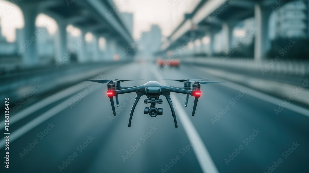 Aufkleber A high-tech AI-driven autonomous drone for infrastructure construction monitoring, clean construction site with drones designed for overseeing and documenting building progress