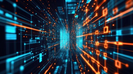 Obraz premium High-Tech Abstract Digital Data Stream with Bright Blue and Orange Lines Creating a Futuristic Perspective of Information Flow in a Virtual Space