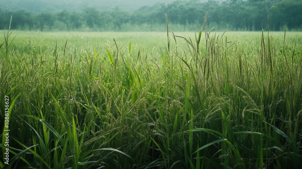 Poster tall grasses and healthy soybeans stretch across the green meadow, illuminated by soft sunlight in a