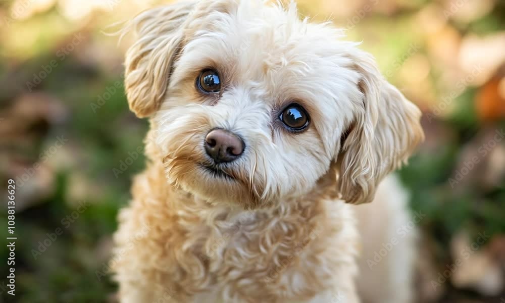 Poster adorable cream colored fluffy dog gazing with curious expression in lush garden setting : generative