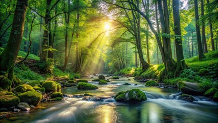 Fototapeta premium Tranquil forest stream with sunlight filtering through lush green trees and babbling water, nature, landscape, creek