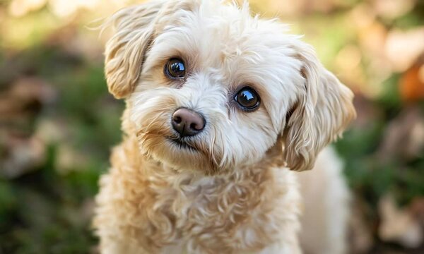 Adorable cream colored fluffy dog gazing with curious expression in lush garden setting : Generative AI