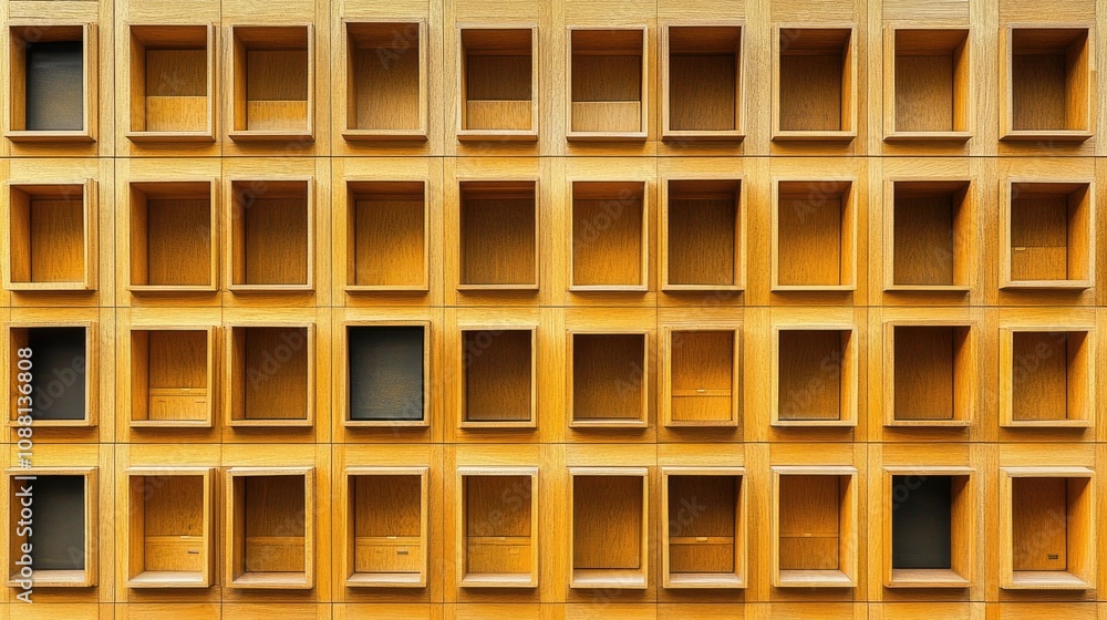 Aufkleber minimalist wooden wall with decorative cubby shelves showcasing empty squares and rectangles, perfec