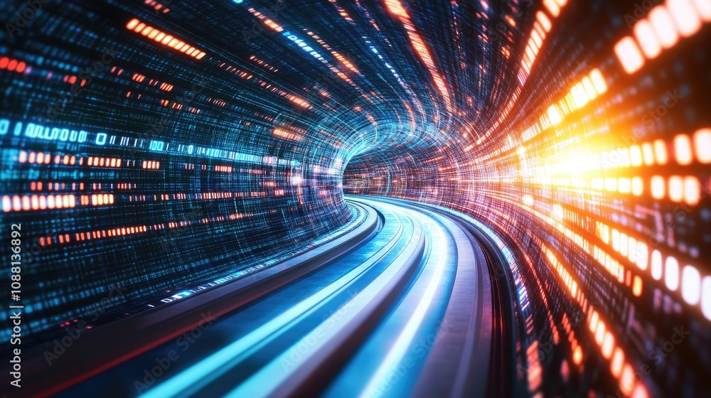 Poster abstract digital tunnel with vibrant lights creating a sense of motion and speed, representing techn