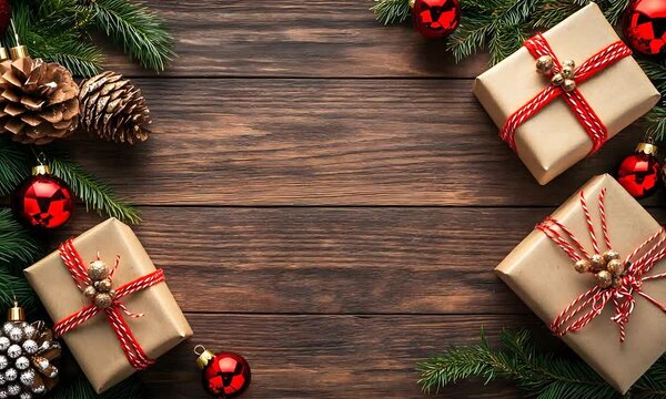 Rustic Christmas Holiday Scene with Pine Cones and Festive Gift Packages on Wooden Background : Generative AI