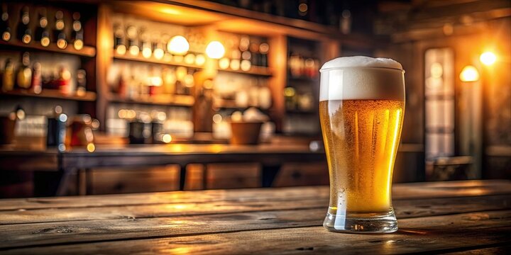 Bicchiere di birra bionda con schiuma in un pub rustico, birra, bionda, schiuma, pub, bancone, legno, rustico, alcool