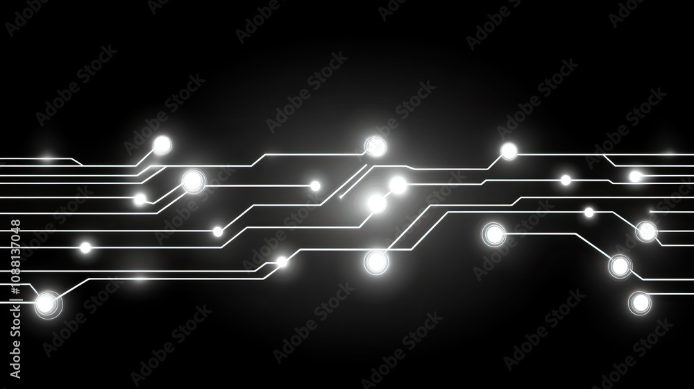 Poster abstract illustration of a futuristic circuit board with glowing lines and nodes on a dark backgroun