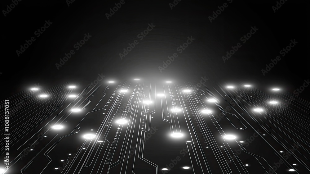 Poster futuristic digital circuit board design illustrating connectivity and technological advancement with