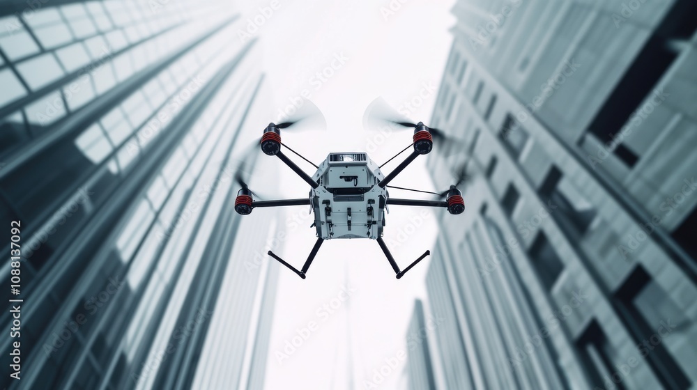 Poster A high-tech AI-driven autonomous drone for infrastructure maintenance, clean urban environment with drones designed for inspecting and maintaining bridges and buildings