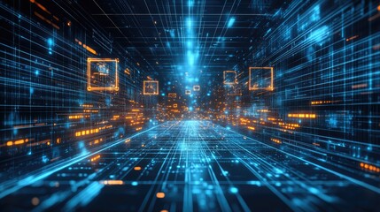 Obraz premium Futuristic Digital Data Flow with Bright Lines and Glowing Elements in a Virtual Environment Representing High-Tech Connectivity and Information Exchange