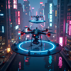 Obraz premium Futuristic drones gliding over a neon lit cityscape at night with reflections in water, photography of futurism concept.