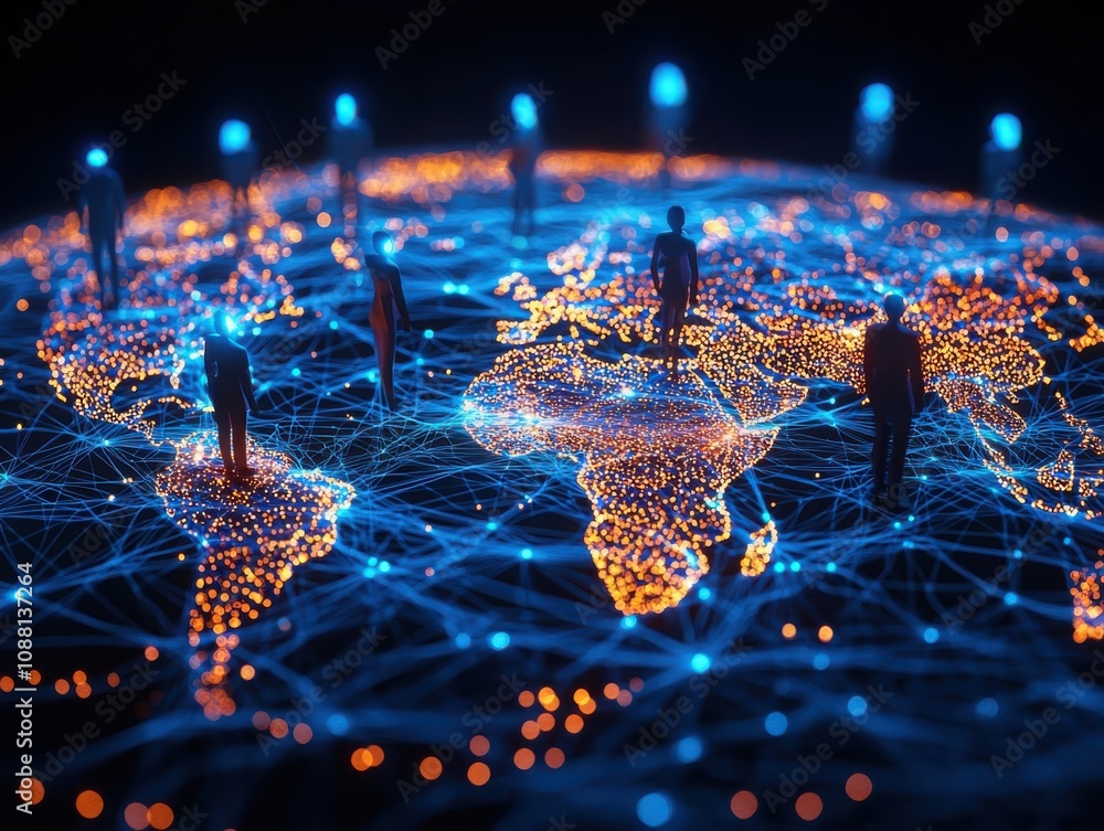 Poster enhancing global team connectivity through interactive world map with light nodes in a digital works
