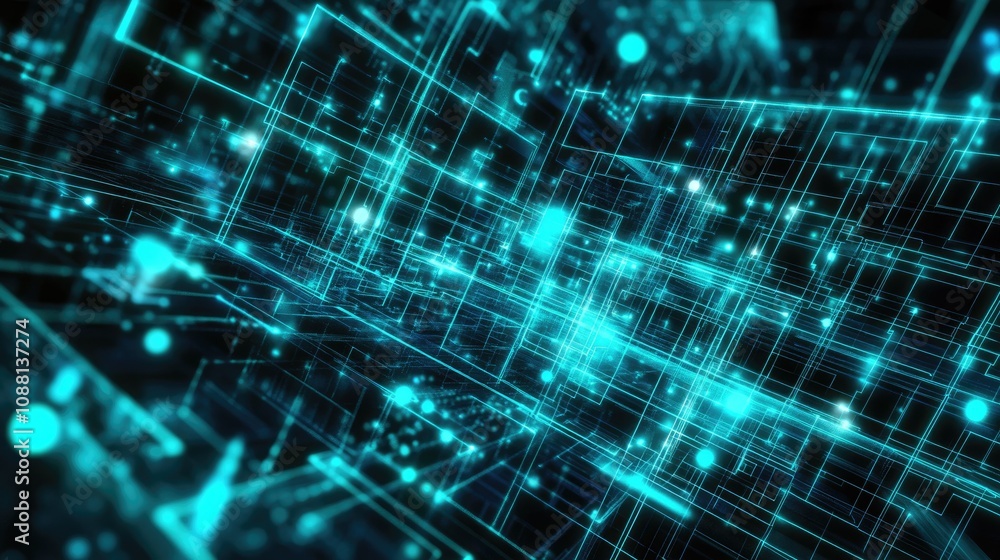Poster abstract digital background featuring glowing lines, grid structures, and light particles in a futur