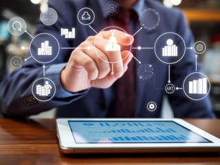 A close-up of a businessman's hand working on a digital tablet, overseeing virtual innovation operations management, business process optimization, and quality control, operations management, business