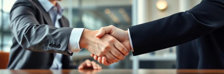 A close-up of a firm handshake between two business partners in a modern office setting, corporate,...