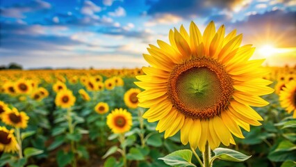Obraz premium Close up of vibrant sunflower in a field, symbolizing oil production, agriculture, sunflower, flower, oil, production, field