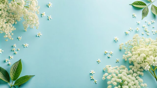 Top view of elderberry flowers on pastel blue background, minimal summer blossom concept, elderberry, flowers