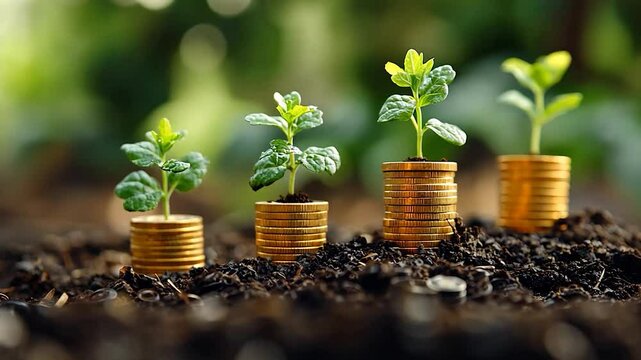 A plant growing out of a pile of coins, Money coin stack growing graph investment. Business Finance Save Money, green sapling growing out of a pile of golden coins. generative ai