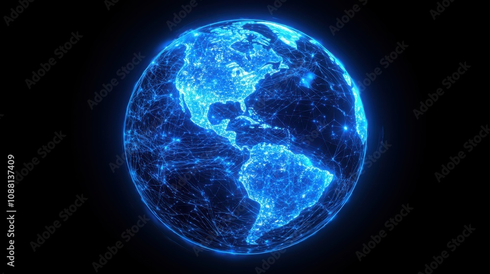 Poster exploring global telecommunications illuminated connections across earth technology environment digi