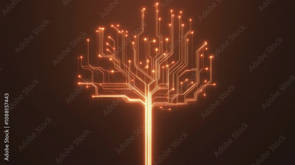 Poster Futuristic Tree Design with Circuit Patterns and Electric Glow on Brown Background Representing Technology Connection and Nature Fusion in Modern Digital Art
