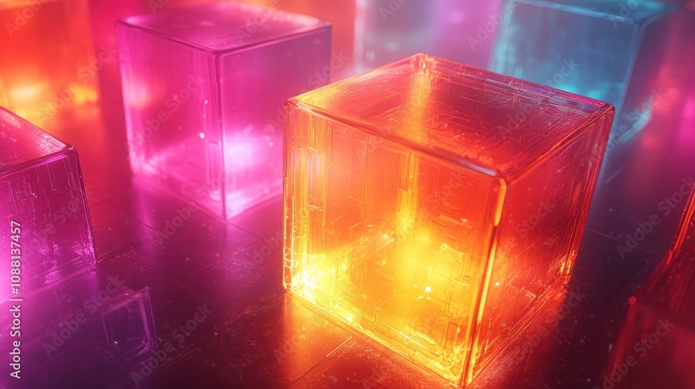 Poster exploring glowing cubic network technology digital art studio abstract visuals modern environment vi