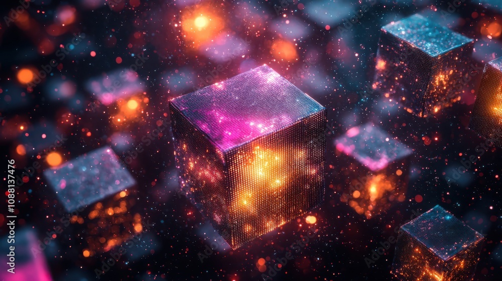 Aufkleber exploring glowing cubic network technology in modern abstract design a vibrant digital art showcase