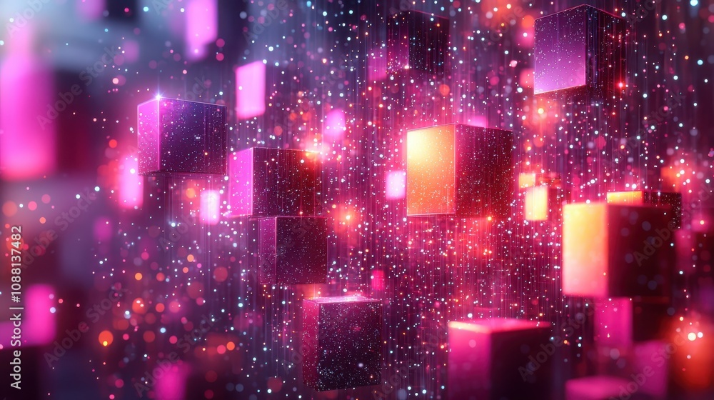 Poster exploring glowing cubic network technology with gradient colors in a modern abstract environment