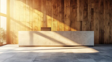 A modern, minimalist reception desk with a concrete countertop and wooden wall backdrop, bathed in warm sunlight streaming through a large window.