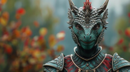 Fototapeta premium Fantasy Dragon Character in Vivid Armor, Set Against a Colorful Autumn Background, Exhibiting Intricate Details and Lifelike Features, Ideal for Mythical Storytelling and Art Projects