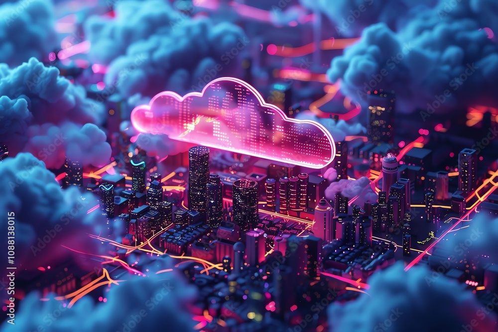 Aufkleber futuristic city skyline with glowing cloud computing symbol, representing digital transformation and