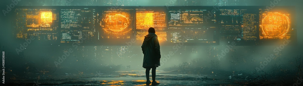 Poster exploring the hackers' paradise matrix-style data flows and biometric displays in a digital landscap