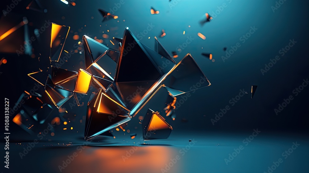 Poster abstract 3d geometric shapes with shiny surfaces and dynamic light effects in dark background inspir