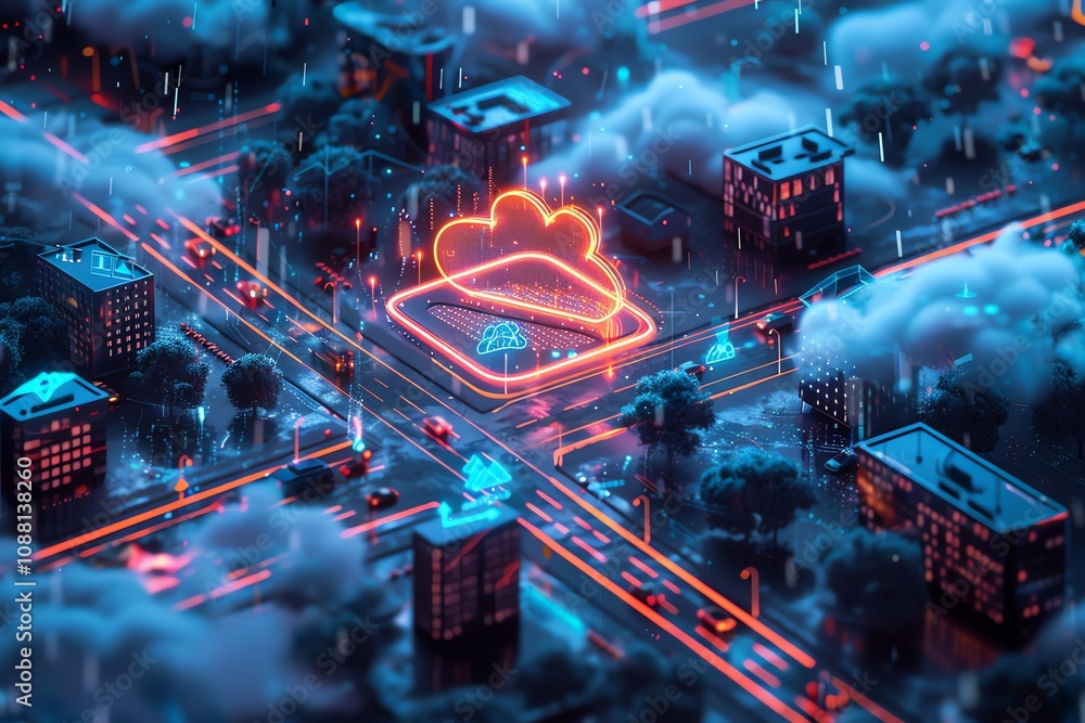 Aufkleber futuristic cityscape with glowing cloud computing network icon at intersection.